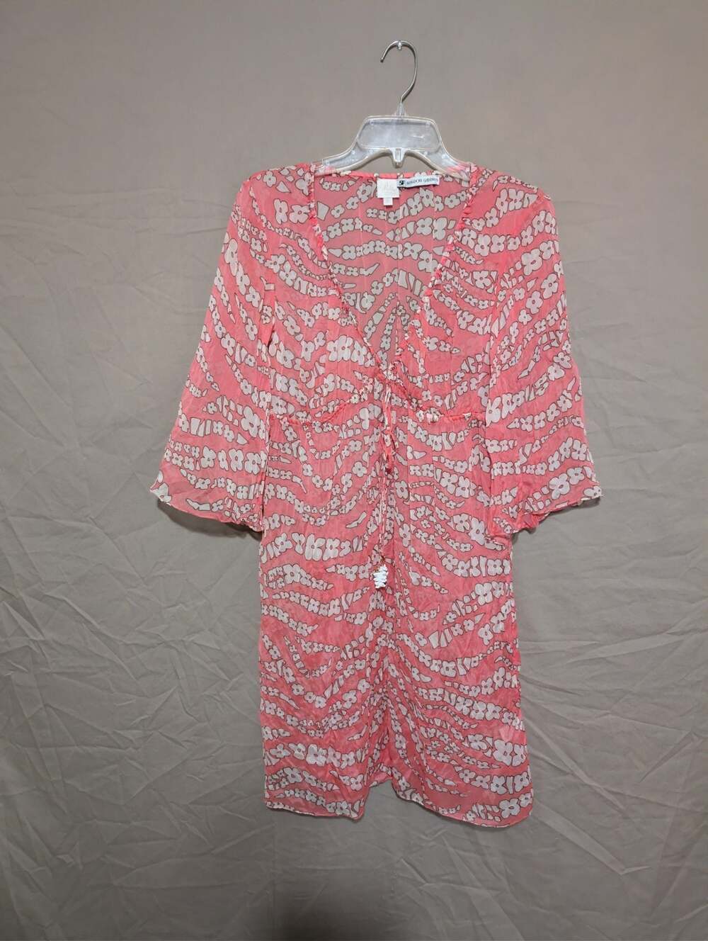 Milly Cabana 100% Silk Coral Pink Floral Psychedelic Print V-Neck Tunic Swim Cov